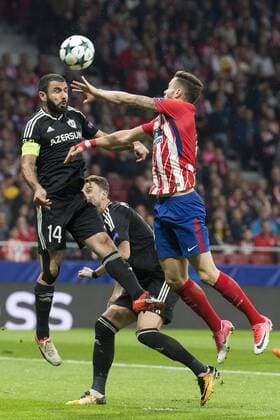 Atletico de Madrid Saul Niguez and Qarabag Reshad Sadigov during UEFA Champions League match between FK Qarabag and Atletico de Madrid at Wanda Metropolitano in Madrid, Spain. October 31, 2017.  (20171031011)