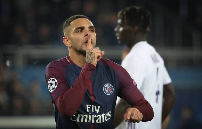 PSG s Layvin Kurzawa celebrates after scoring during a soccer game between French team Paris Saint-Germain Football Club and Belgian club RSC Anderlecht, Tuesday 31 October 2017 in Paris, France, the fourth match in the group stage (Group B) of the UEFA Champions League competition. VIRGINIExLEFOUR  x05193156x
