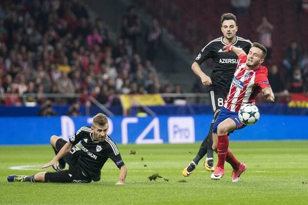Atletico de Madrid Saul Niguez and Qarabag Michel during UEFA Champions League match between FK Qarabag and Atletico de Madrid at Wanda Metropolitano in Madrid, Spain. October 31, 2017.  (20171031006)