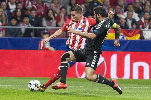Atletico de Madrid Kevin Gameiro and Qarabag Reshad Sadigov during UEFA Champions League match between FK Qarabag and Atletico de Madrid at Wanda Metropolitano in Madrid, Spain. October 31, 2017.  (20171031019)