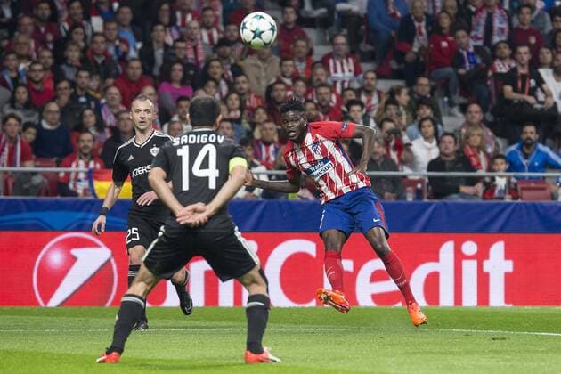 Atletico de Madrid Thomas Partey and Qarabag Ansi Aqoli and Reshad Sadigov during UEFA Champions League match between FK Qarabag and Atletico de Madrid at Wanda Metropolitano in Madrid, Spain. October 31, 2017.  (20171031021)