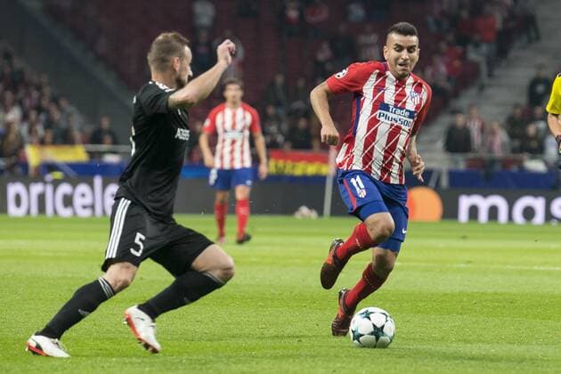 Atletico de Madrid Angel Martin Correa and Qarabag Maxim Medvedev during UEFA Champions League match between FK Qarabag and Atletico de Madrid at Wanda Metropolitano in Madrid, Spain. October 31, 2017.  (20171031025)