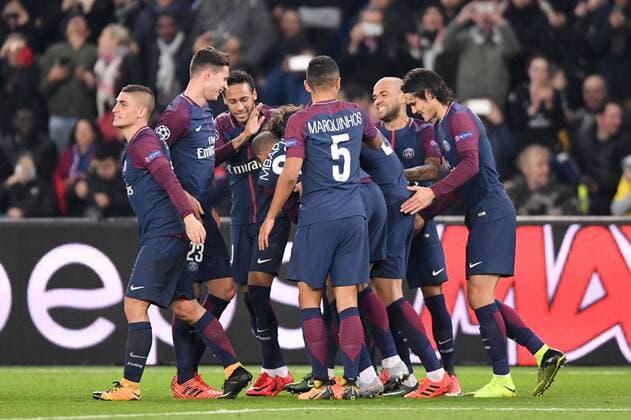 32 DANI ALVES psg 23 JULIAN DRAXLER psg 10 NEYMAR JR psg 06 MARCO VERRATTI psg 09 EDINSON CAVANI psg JOIE FOOTBALL Paris SG vs Anderlecht Ligue des Champions 31 10 2017 AnthonyBIBARD FEP Panoramic 