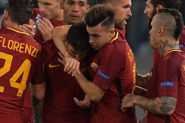 Esultanza dopo il gol di Diego Perotti Roma, con El Shaarawy. Goal celebration. Roma 31-10-2017 Stadio Olimpico Champions League, Fase a gironi. AS Roma - Chelsea Foto Antonietta Baldassarre Insidefoto AntoxBaldassarre