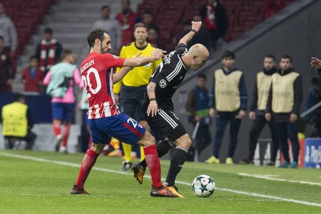 Atletico de Madrid Juanfran Torres and Qarabag Richard Almeida during UEFA Champions League match between FK Qarabag and Atletico de Madrid at Wanda Metropolitano in Madrid, Spain. October 31, 2017.  (20171031041)