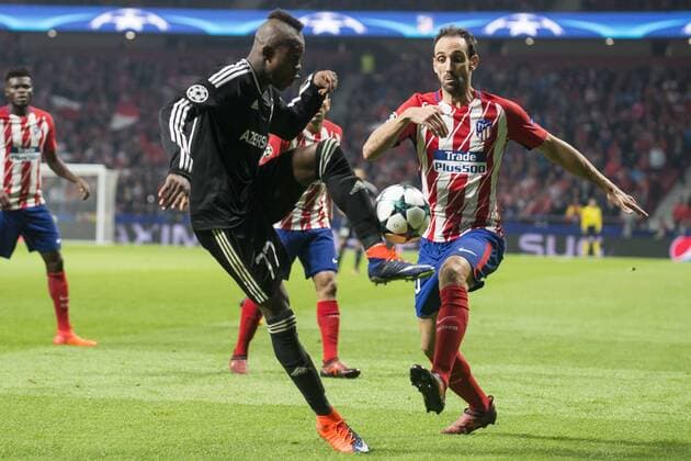 Atletico de Madrid Juanfran Torres and Qarabag Donald Guerrier during UEFA Champions League match between FK Qarabag and Atletico de Madrid at Wanda Metropolitano in Madrid, Spain. October 31, 2017.  (20171031035)