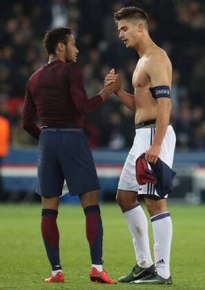 PSG s Neymar Jr and Anderlecht s Leander Dendoncker pictured after a soccer game between French team Paris Saint-Germain Football Club and Belgian club RSC Anderlecht, Tuesday 31 October 2017 in Paris, France, the fourth match in the group stage (Group B) of the UEFA Champions League competition. VIRGINIExLEFOUR  x05193176x