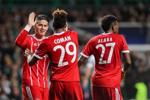 Glasgow Scotland 31 10 2017 UEFA Champions League 2017 18 Season Group stage Group B 4 Gameday Celtic Glasgow FC Bayern Muenchen celebrate Javier Martinezs goal 1 2 1 FCB Kingsley Coman FCB James David Rodríguez Rubio FCB David Alaba FCB DeFodi048