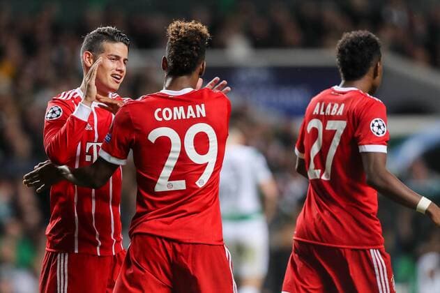 Glasgow Scotland 31 10 2017 UEFA Champions League 2017 18 Season Group stage Group B 4 Gameday Celtic Glasgow FC Bayern Muenchen celebrate Javier Martinezs goal 1 2 1 FCB Kingsley Coman FCB James David Rodríguez Rubio FCB David Alaba FCB DeFodi048