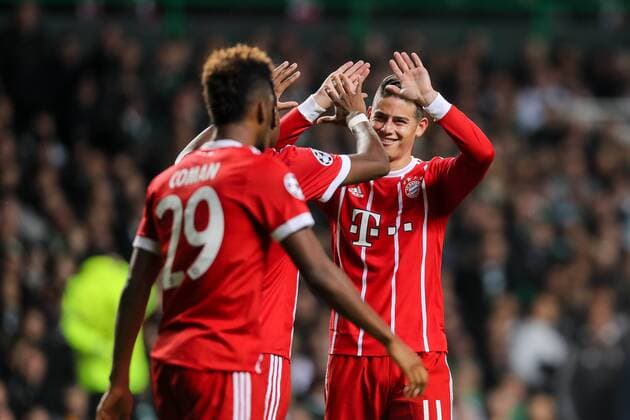 Glasgow Scotland 31 10 2017 UEFA Champions League 2017 18 Season Group stage Group B 4 Gameday Celtic Glasgow FC Bayern Muenchen celebrate Javier Martinezs goal 1 2 1 FCB Kingsley Coman FCB James David Rodríguez Rubio FCB David Alaba FCB DeFodi048