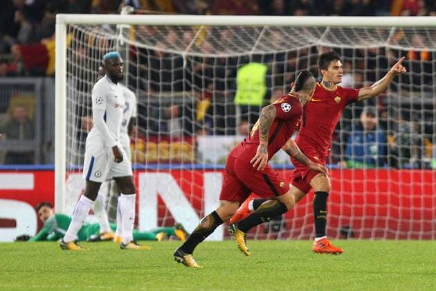 31st October 2017, Stadio Olimpico, Rome, Italy; UEFA Champions League, Roma versus Chelsea; Diego Perotti of AS Roma celebrates his goal  ActionPlus11946787
