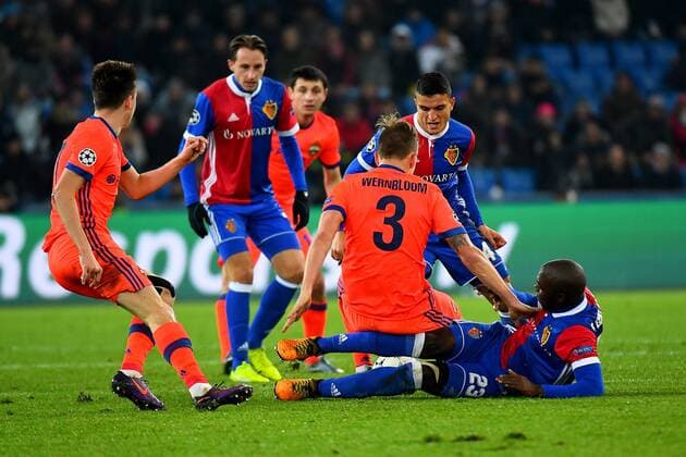 31st October 2017, St Jakob-Park, Basel, Switzerland; UEFA Champions League, FC Basel versus CSKA Moscow; Pontus Wernbloom of CSKA Moscow challenges Eder Alvarez Balanta of FC Basel for the ball  ActionPlus11946799