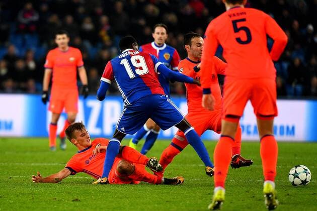 31st October 2017, St Jakob-Park, Basel, Switzerland; UEFA Champions League, FC Basel versus CSKA Moscow; Dimitri Oberlin of FC Basel challenges Konstantin Kuchaev of CSKA Moscow for the ball  ActionPlus11946802