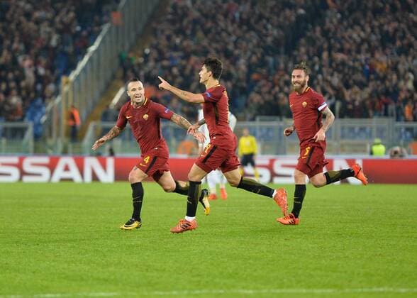 October 31, 2017 - Rome, Italy - Diego Perotti celebrates after scoring goal 3-0 during the Champions League football match A.S. Roma vs Chelsea Football Club at the Olympic Stadium in Rome, on october 31, 2017. AS Roma v Chelsea FC - UEFA Champions League  - ZUMAn230 20171031_zaa_n230_417 Copyright: xSilviaxLorex