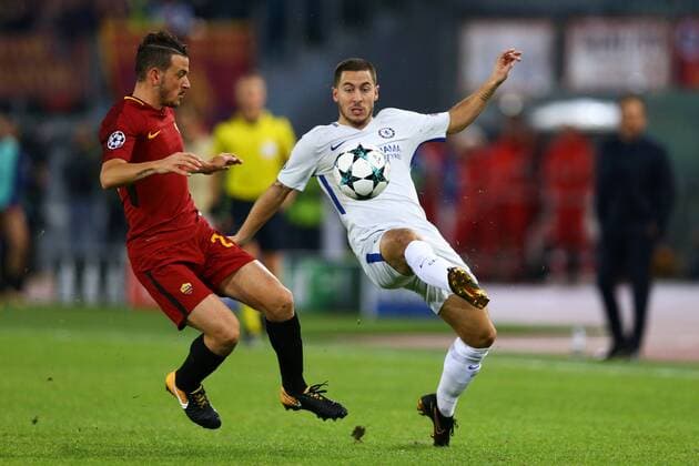 October 31, 2017 - Rome, Italy - Alessandro Florenzi of Roma and Eden Hazard of Chelsea during the UEFA Champions League football match AS Roma vs Chelsea on October 31, 2017 at the Olympic Stadium in Rome. AS Roma v Chelsea FC - UEFA Champions League  - ZUMAn230 20171031_zaa_n230_461 Copyright: xMatteoxCiambellix