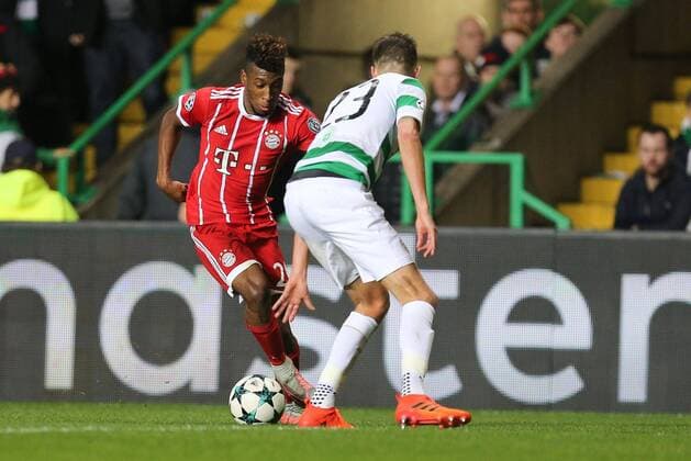 In action with Kingsley Coman 29 FC Bayern Muenchen and Michael Lustig 23 Celtic Glasgow Celtic Glasgow vs Bayern Munich Football Preliminary Round Champions League 31 10 2017 Glasgow Glasgow Scotland Copyright: xkolbert-press ChristianxKolbertx