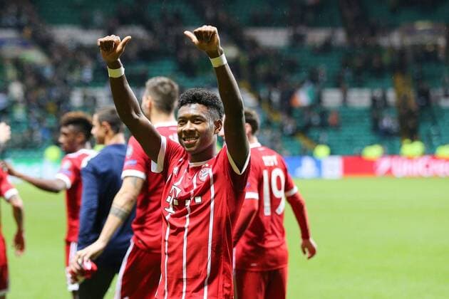 The players celebrate their victory in Bayern fan block David Alaba 27 FC Bayern Muenchen Celtic Glasgow vs FC Bayern Muenchen Football Preliminary Round Champions League 31 10 2017 Glasgow Glasgow Scotland Copyright: xkolbert-press ChristianxKolbertx