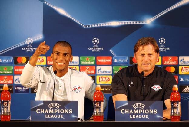 Porto RB Leipzig PK Champions League Porto 31 10 2017 Estadio do Dragao Football UEFA Champions League Group G 4 Gameday Press Conference the day before the game FC Porto vs RB Leipzig In the picture v l BERNARDO Fernandes da Silva and coach Ralph Hasenhüttl Hasenhuettl both RB Leipzig