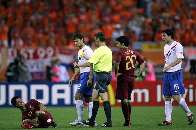 Nuremberg 25 06 2006 The Netherlands Portugal 0 1 Cristiano Ronaldo Khalid Boulahrouz referee Ivanov Deco and Mark from Bommel The Netherlands Portugal