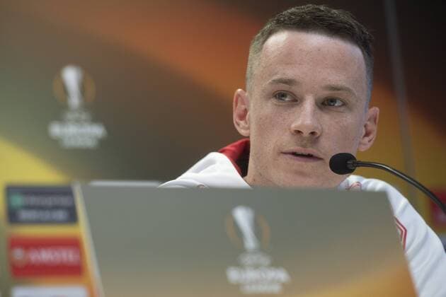 Jan Sykora, soccer player of SK Slavia Praha, attends the press conference PK Pressekonferenz prior to the UEFA Europa League, Group Stage, Group A, match SK Slavia Praha vs Villarreal CF, in Prague, Czech Republic, on November 1, 2017. The match will be held on November 2. (CTKxPhoto MichalxKamaryt) CTKPhotoP201711010484701  kmt 5