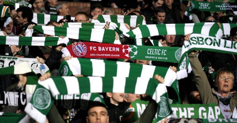 31 10 2017 Football UEFA Champions League 2017 2018 Group Stage 4 Gameday Celtic Glasgow FC Bayern Munich at Celtic Park Stadium Glasgow Scotland Celtic fans with fan scarf on both sides