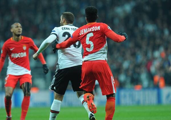 Cenk Tosun of Besiktas and Jemerson of Monaco during the UEFA Champions league Group G match between Besiktas and Monaco at Vodafone Arena in Istanbul on November 01 , 2017. 
