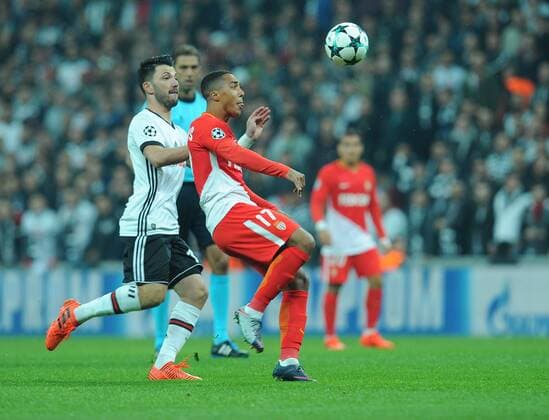 Tolgay Arslan of Besiktas and Youri Tielemans of Monaco during the UEFA Champions league Group G match between Besiktas and Monaco at Vodafone Arena in Istanbul on November 01 , 2017. 