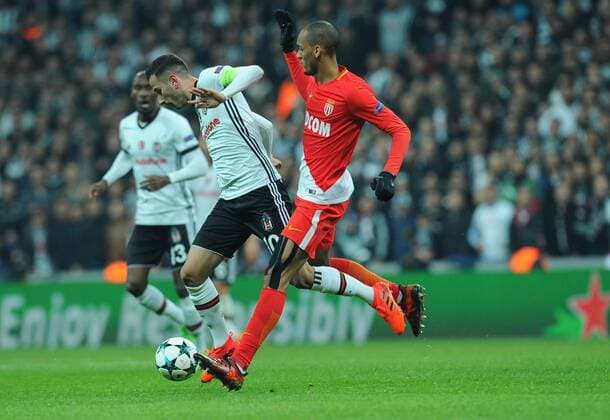 Oguzhan Ozyakup of Besiktas and Fabinho of Monaco during the UEFA Champions league Group G match between Besiktas and Monaco at Vodafone Arena in Istanbul on November 01 , 2017. 