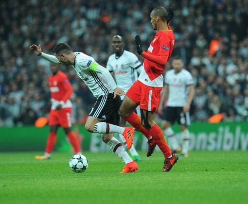 Oguzhan Ozyakup of Besiktas and Fabinho of Monaco during the UEFA Champions league Group G match between Besiktas and Monaco at Vodafone Arena in Istanbul on November 01 , 2017. 