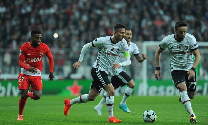 Oguzhan Ozyakup , Gokhan Gonul of Besiktas and Thomas Lemar of Monaco during the UEFA Champions league Group G match between Besiktas and Monaco at Vodafone Arena in Istanbul on November 01 , 2017. 