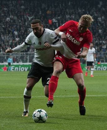 Cenk Tosun of Besiktas and Kamil Glik of Monaco during the UEFA Champions league Group G match between Besiktas and Monaco at Vodafone Arena in Istanbul on November 01 , 2017. 