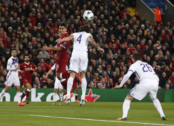 Roberto Firmino of Liverpool attempts to connect with a cross during the Champions League Group E match at Anfield Stadium, Liverpool. Picture date: November 1st 2017. Picture credit should read: Andrew Yates Sportimage EDITORIAL USE ONLY. No use with unauthorised audio, video, data, fixture lists, club league logos or live services. Online in-match use limited to 120 images, no video emulation. No use in betting, games or single club league player publications.