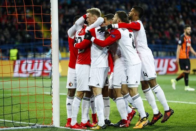 (l-r) Nicolai Jorgensen of Feyenoord, Sofyan Amrabat of Feyenoord, Bart Nieuwkoop of Feyenoord, Jeremiah St. Juste of Feyenoord during the UEFA Champions League group F match between Shakhtar Donetsk and Feyenoord Rotterdam at Metalist Stadium on November 01, 2017 in Kharkiv, Ukraine UEFA Champions League 2017 2018 xVIxVIxImagesx xMauricexvanxSteenxIVx 9182709