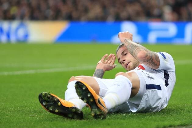 1st November 2017, Wembley Stadium, London, England; UEFA Champions League, Tottenham Hotspur versus Real Madrid; Toby Alderweireld of Tottenham Hotspur is forced off with a hamstring injury  ActionPlus11946891