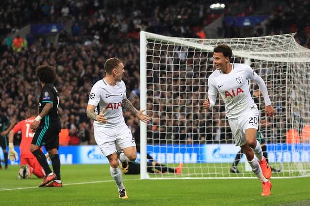 1st November 2017, Wembley Stadium, London, England; UEFA Champions League, Tottenham Hotspur versus Real Madrid; Dele Alli of Tottenham Hotspur celebrates after scoring as he makes it 1-0  ActionPlus11946894
