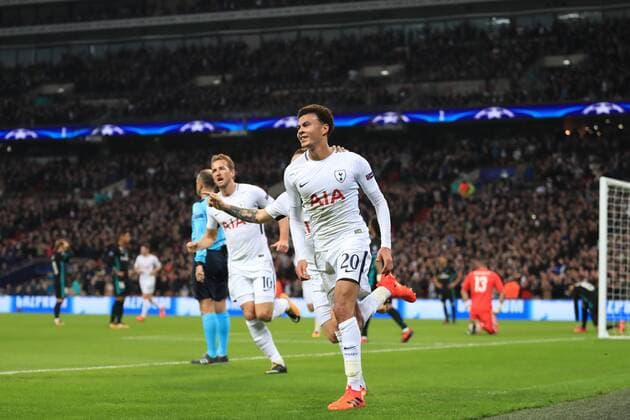 1st November 2017, Wembley Stadium, London, England; UEFA Champions League, Tottenham Hotspur versus Real Madrid; Dele Alli of Tottenham Hotspur celebrates after scoring as he makes it 1-0  ActionPlus11946896