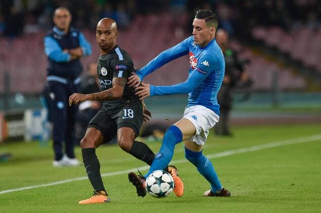 Fabian Delph of Manchester City and JosŽ Callej—n of Napoli during the UEFA Champions League group F match between Napoli and Manchester City at Stadio San Paolo, Naples, Italy on 1 November 2017. Copyright: xGiuseppexMaffiax 17480009