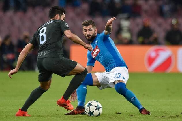 Elseid Hysaj of Napoli challenges Ilkay Gundogan of Manchester City during the UEFA Champions League group F match between Napoli and Manchester City at Stadio San Paolo, Naples, Italy on 1 November 2017. Copyright: xGiuseppexMaffiax 17480016