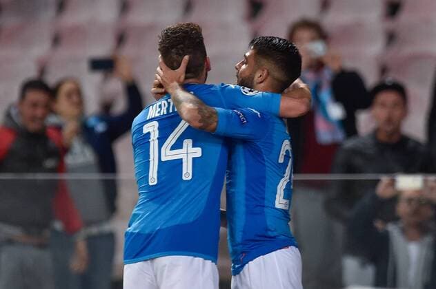 Lorenzo Insigne of Napoli celebrates with Dries Mertens of Napoli scoring first goal during the UEFA Champions League group F match between Napoli and Manchester City at Stadio San Paolo, Naples, Italy on 1 November 2017. Copyright: xGiuseppexMaffiax 17480020