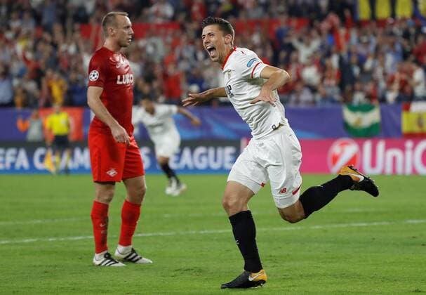 Sevilla s Clement Lenglet (R) jubilates a goal during the UEFA Champions League 4th round groups phase match between Sevilla and Spartak Moscow at the Sanchez Pizjuan stadium in Seville, Andalusia, Spain, 01 November 2017. Sevilla vs. Spartak Moscow !ACHTUNG: NUR REDAKTIONELLE NUTZUNG!  Copyright: xJULIOxMUÑOZx SEV006 20171101-636451687333568209