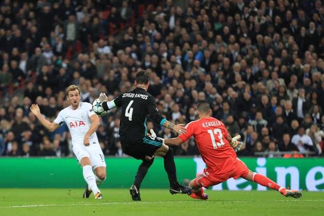 1st November 2017, Wembley Stadium, London, England; UEFA Champions League, Tottenham Hotspur versus Real Madrid; Sergio Ramos of Real Madrid handles the ball in the area  ActionPlus11946899