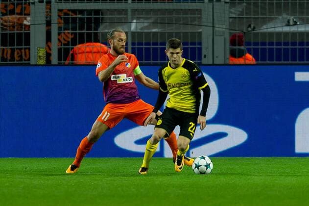Dortmund Germany 01 11 2017 UEFA Champions League 2017 18 Season Group Stage Group H Matchday 4 Borussia Dortmund APOEL Nicosia Nektarios Alexandrou Nicosia and Christian Pulisic BVB in action DeFodi053