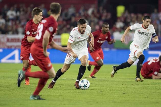 November 1, 2017 - Seville, Spain - Pablo Sarabia of Sevilla (C ) vies for the ball during the UEFA Champions League Group E soccer match between Sevilla FC and Spartak Moskva at Estadio Ramon Sanchez Pizjuan Soccer 2017 - Sevilla FC vs Spartak Moskva - ZUMAa142 20171101_zap_a142_003 Copyright: xDanielxGonzalezxAcunax
