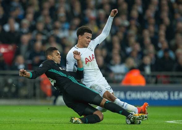 Casemiro of Real Madrid and Dele Alli of Tottenham Hotspur in action during the UEFA Champions League group H match between Tottenham Hotspur and Real Madrid at Wembley Stadium London England on 1 November 2017 Photo by Vince Mignott  xVincexMignottx xUKSPx xAFP7x xTottenhamxvxRealxMadrid,xUK,xNovx1thx2017x