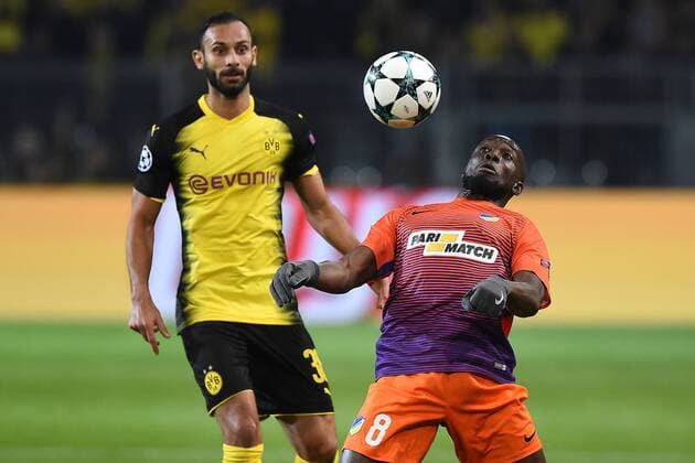 Football Champions League group stage Borussia Dortmund APOEL Nicosia on 01 11 2017 in Signal Iduna Park in Dortmund Mickael Pote Nicosia front Ömer Toprak Dortmund behind xRx