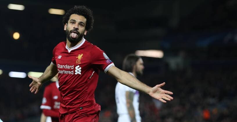 Football - 2017 2018 UEFA Champions League - Group E: Liverpool vs. NK Maribor Mohamed Salah of Liverpool celebrates scoring at Anfield. COLORSPORT LYNNE CAMERON 
