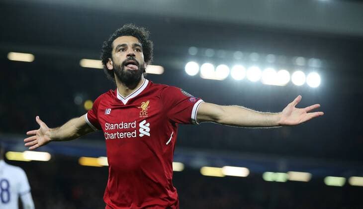 Football - 2017 2018 UEFA Champions League - Group E: Liverpool vs. NK Maribor Mohamed Salah of Liverpool celebrates scoring at Anfield. COLORSPORT LYNNE CAMERON 