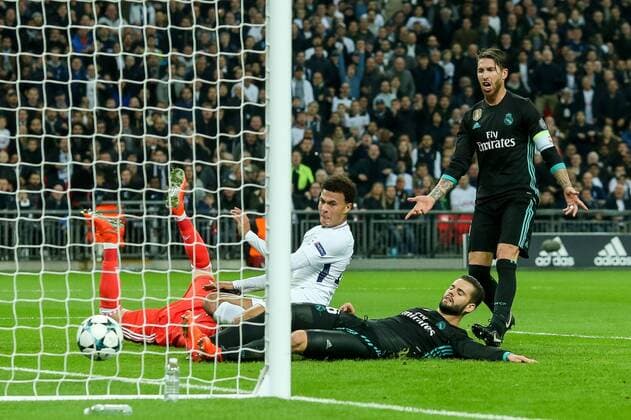 London England 01 11 2017 UEFA Champions League 2017 18 Season Group Stage Group H 4 Gameday Tottenham Hotspur Real Madrid Goalkeeper Dele Alli THS Nacho Real Madrid Goalkeeper Kiko Casilla Real Madrid in action Sergio Ramos Real Madrid are watching DeFodi048
