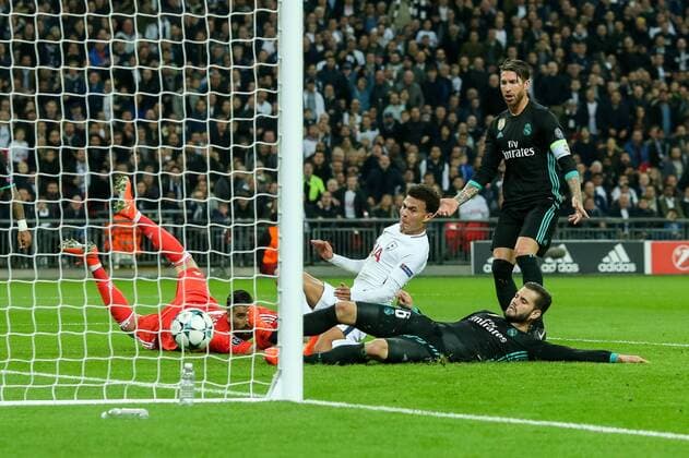 London England 01 11 2017 UEFA Champions League 2017 18 Season Group Stage Group H 4 Gameday Tottenham Hotspur Real Madrid Goalkeeper Dele Alli THS Nacho Real Madrid Goalkeeper Kiko Casilla Real Madrid in action Sergio Ramos Real Madrid are watching DeFodi048