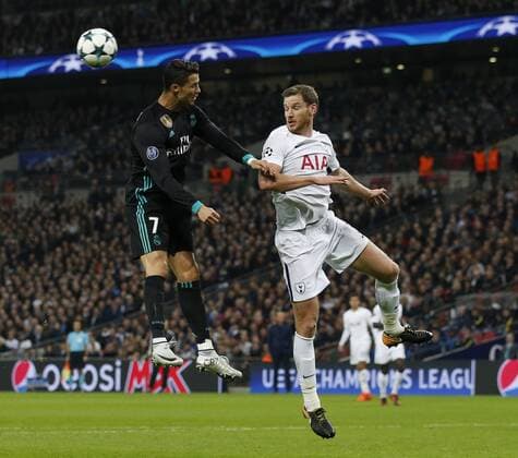 Jan Vertonghen of Tottenham clears under pressure from Cristiano Ronaldo of Real Madrid during the Champions League Group H match at Wembley Stadium, London. Picture date: November 1st 2017. Picture credit should read: David Klein Sportimage EDITORIAL USE ONLY. No use with unauthorised audio, video, data, fixture lists, club league logos or live services. Online in-match use limited to 120 images, no video emulation. No use in betting, games or single club league player publications.